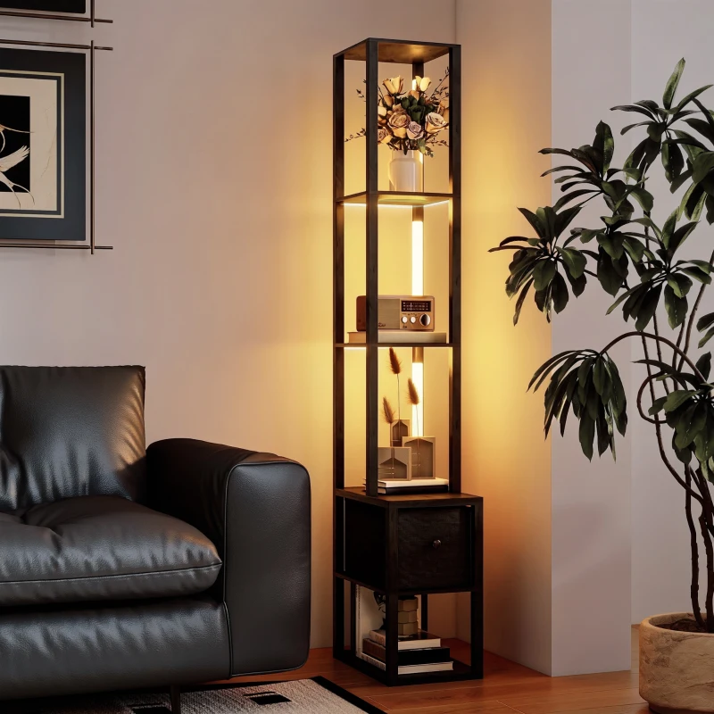 HOMCOM Floor Lamp with Shelves, LED Column Modern Standing Lamp with Fabric Drawer, Adjustable Brightness, Foot Switch for Living Room, Bedroom, Office, Black