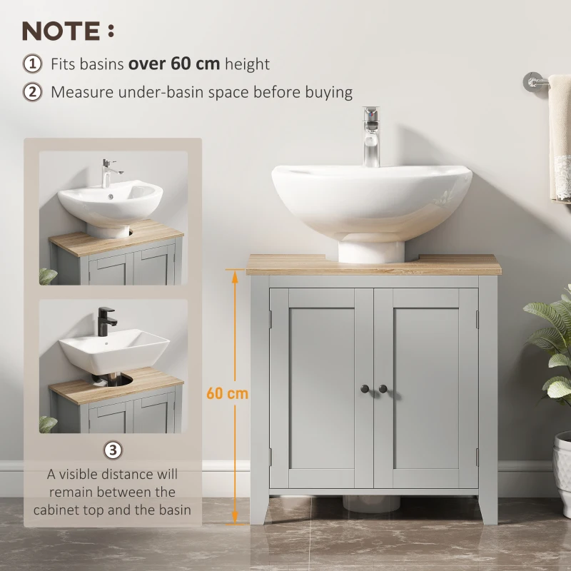kleankin Under Sink Cabinet, Bathroom Sink Cabinet with 2 Doors, Pedestal Under Sink Design, Freestanding Bathroom Cupboard with Adjustable Shelf, Grey