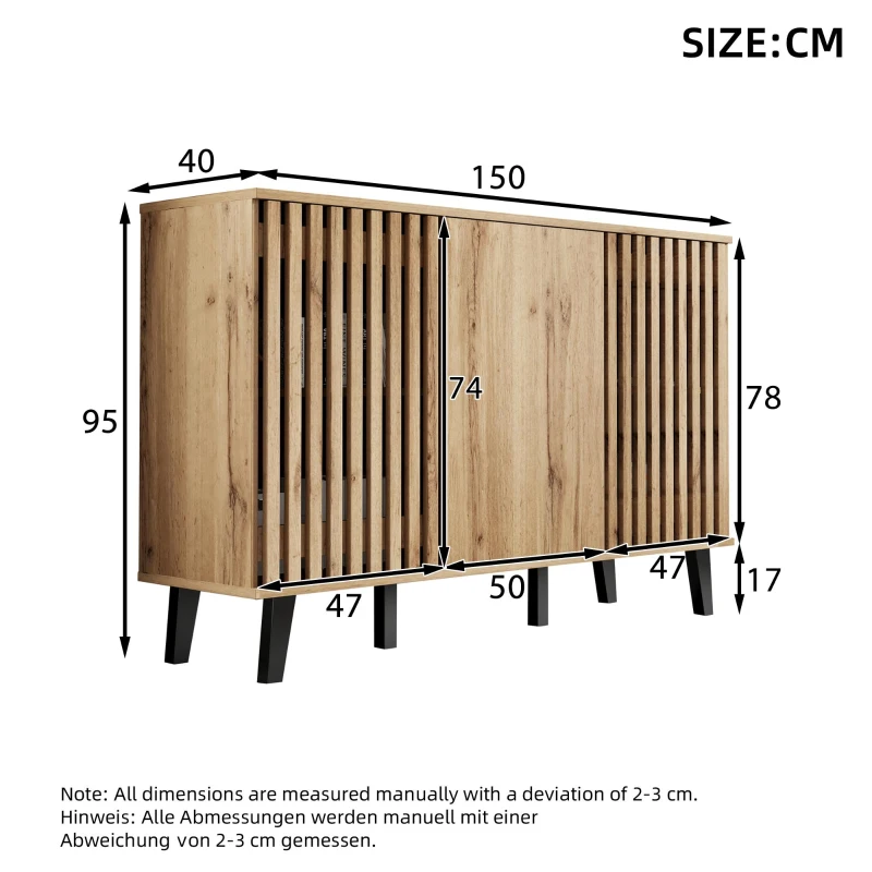 Modern Vintage Sideboard with Openwork Wooden and Panel Doors, Six-Point Support Unit with 6 Compartments, 150L x 40W x 95H cm, Wood