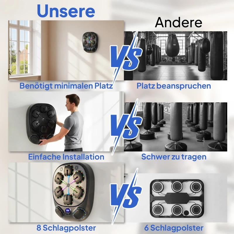 SPORTNOW Music Boxing Machine, elektronische LED Boxmaschine mit Doppel Schlagzonen Bluetooth Handschuhen 9 Geschwindigkeit