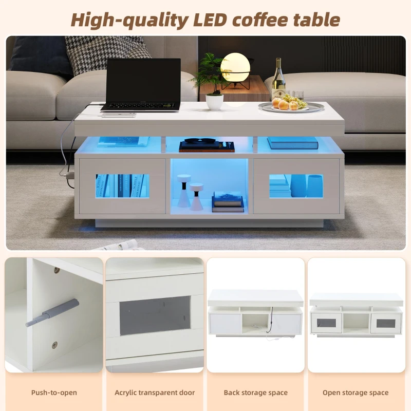 Modern Coffee Table with App-Controlled LED and USB Port, Space-Saving Unit with Acrylic Cabinets and Storage, 100L x 50W x 43H cm, White