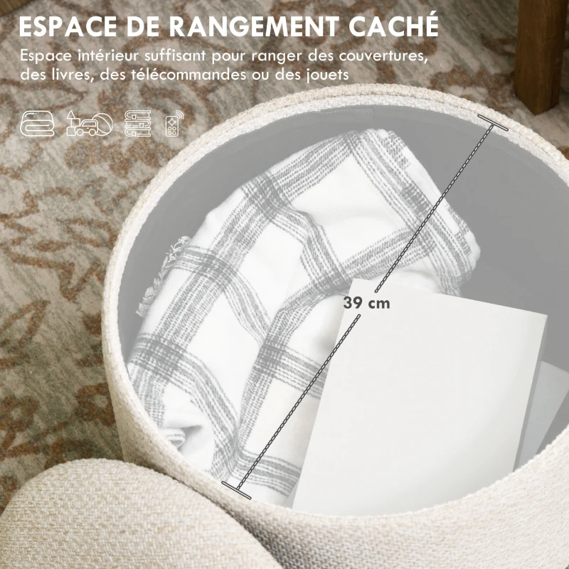 HOMCOM Pouf rond repose-pieds tabouret avec coffre de rangement pieds en bois design moderne crème