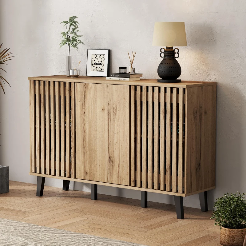 Modern Vintage Sideboard with Openwork Wooden and Panel Doors, Six-Point Support Unit with 6 Compartments, 150L x 40W x 95H cm, Wood