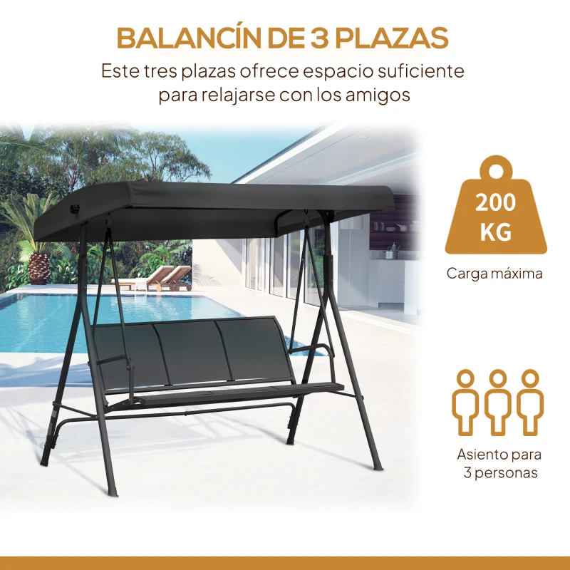 Outsunny Columpio de Jardín Exterior de 3 Plazas con Toldo Reclinable Respaldo Transpirable Marco de Acero 175x118x159 cm Negro