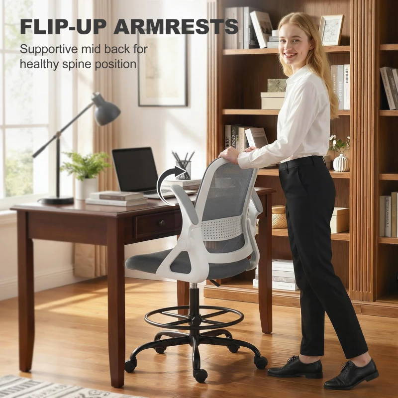 HOMCOM Painting Chair, Mesh Computer Desk Chair with Flip-up Armrests, Grey