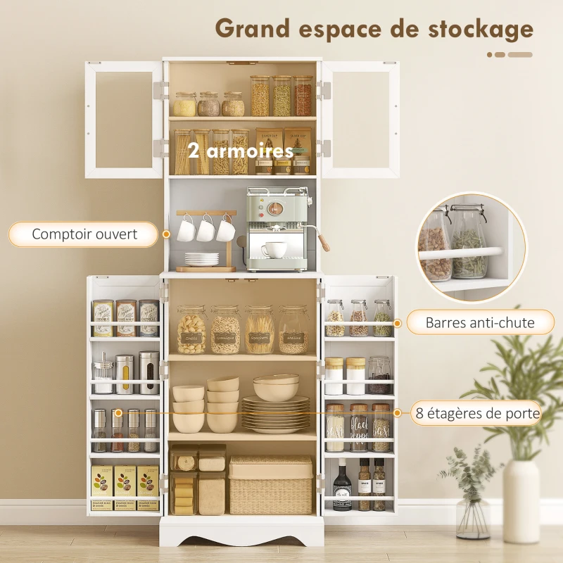 HOMCOM Buffet haut cuisine armoire de cuisine 4 portes 8 porte-épices plan de travail étagère réglable 60x39,5x179,6cm blanc(m-4)
