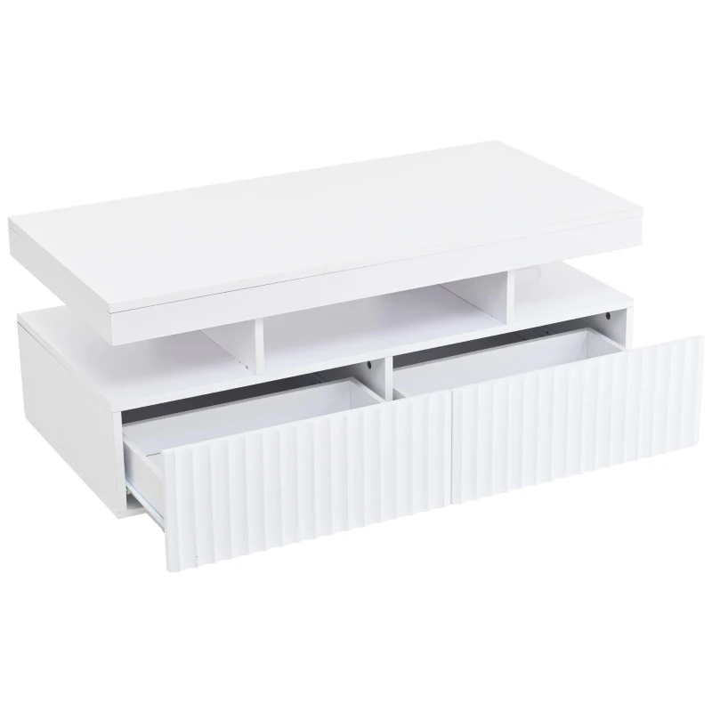 Modern Coffee Table with App-Controlled LED and Two Ribbed Drawers, Sleek Unit with Open Display Shelf, 100L x 50W x 45H cm, White