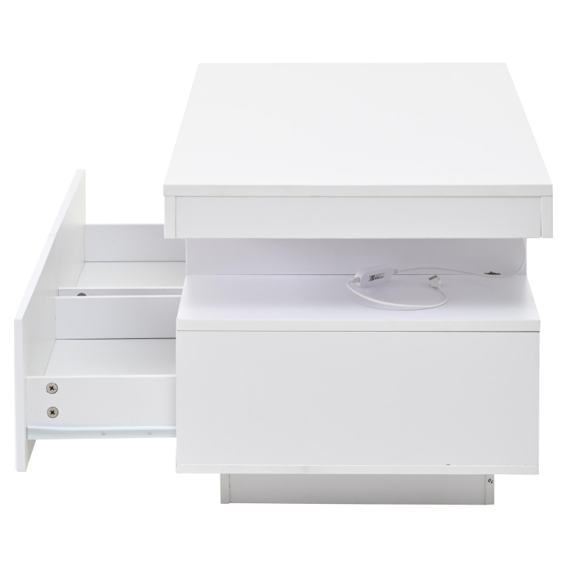Modern Coffee Table with App-Controlled LED and Two Ribbed Drawers, Sleek Unit with Open Display Shelf, 100L x 50W x 45H cm, White
