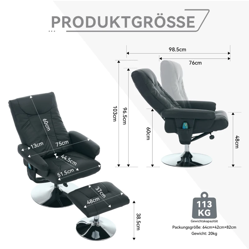 Fernsehsessel Heizbarer Massage-Sessel mit Liegefunktion, 360° drehbar PU-Stoff und Hocker Schwarz