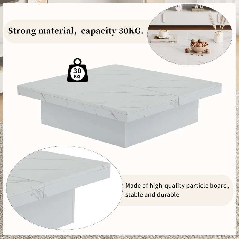 Modern Square Coffee Table with 4 Drawers and Sliding Surface, Space-Saving Center Table for Living Rooms, 90L x 90W x 25H cm, White
