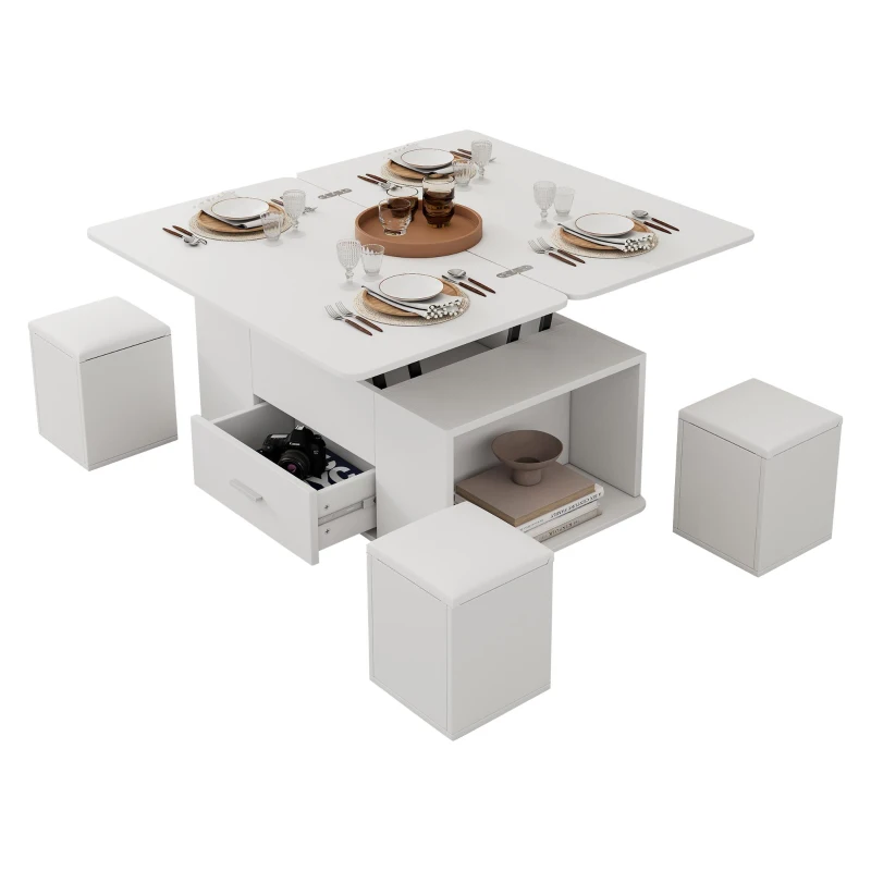 Modern Lift-Top Coffee Table with Hydraulic Lift and Hidden Storage, Versatile Unit with 4 Stools and Drawer, 100L x 50W x 45H cm, White