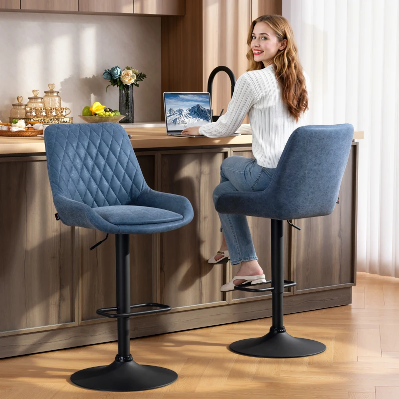 HOMCOM Set of Two Faux Leather Retro Bar Stools - Dark Blue