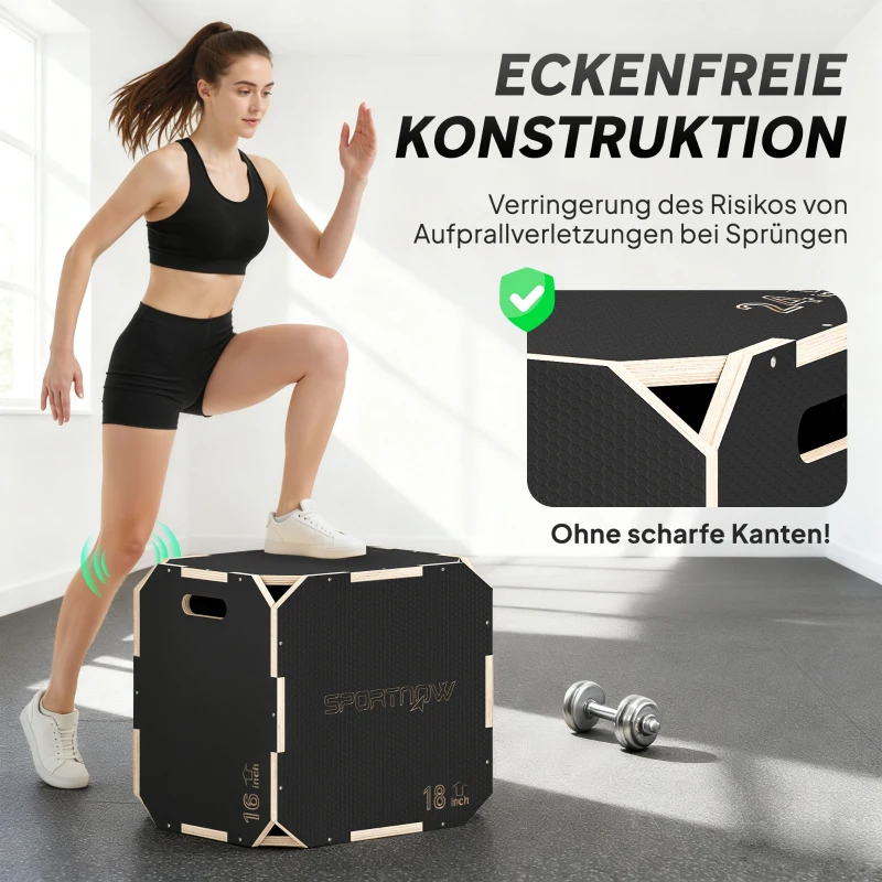SPORTNOW Sprungbox, kantenfreie Ecken, Sperrholz, höhenverstellbar, Seitengriffe, Schwarz