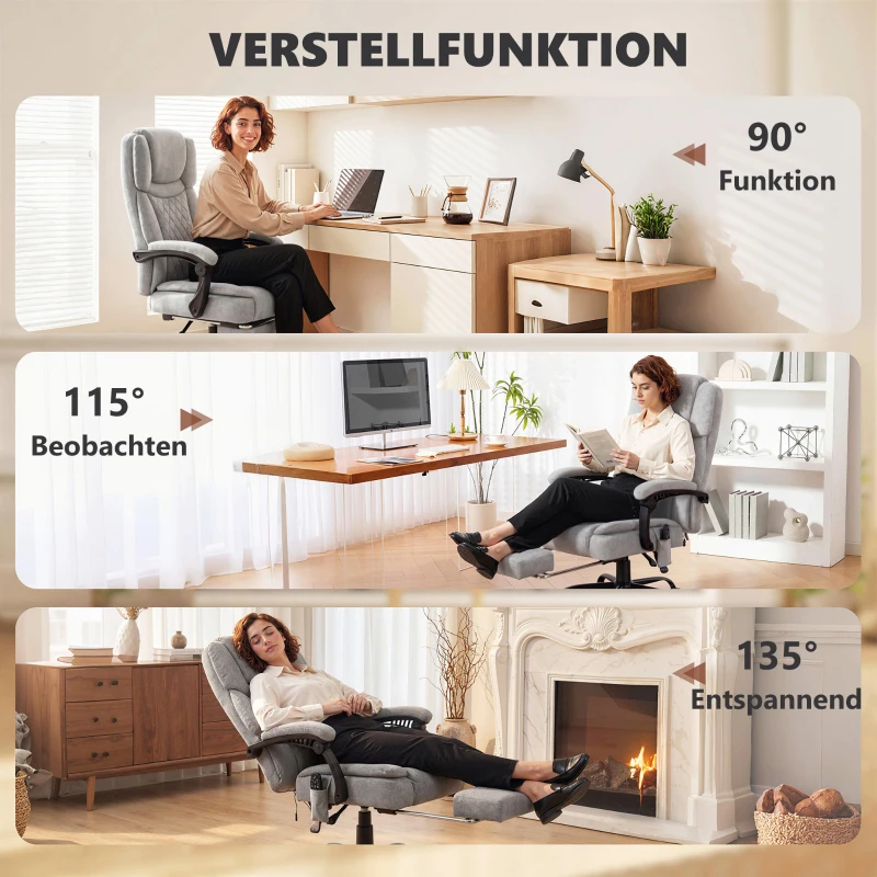 HOMCOM Hochlehner Massage-Bürostuhl mit Vibration, Wärmefunktion, verstellbarer Rückenlehne, Fußstütze, Fernbedienung, grau