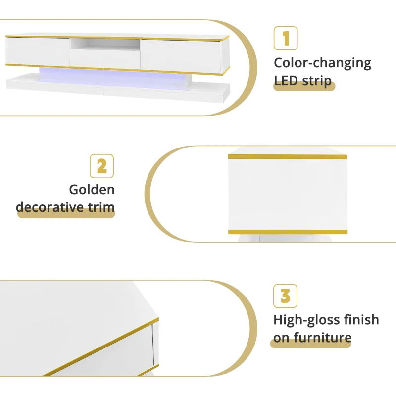 Modern LED TV Cabinet with High-Gloss Finish and Metallic Trim, Spacious Unit with Open Compartment, 180L x 38W x 45H cm, White