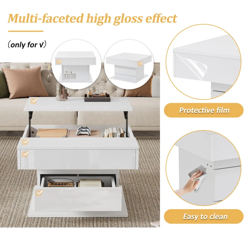 360° Rotating Coffee Table with Height-Adjustable Top and Hidden Storage, Modern Centre Table for Living Rooms, 70L x 70W x 45H cm, White