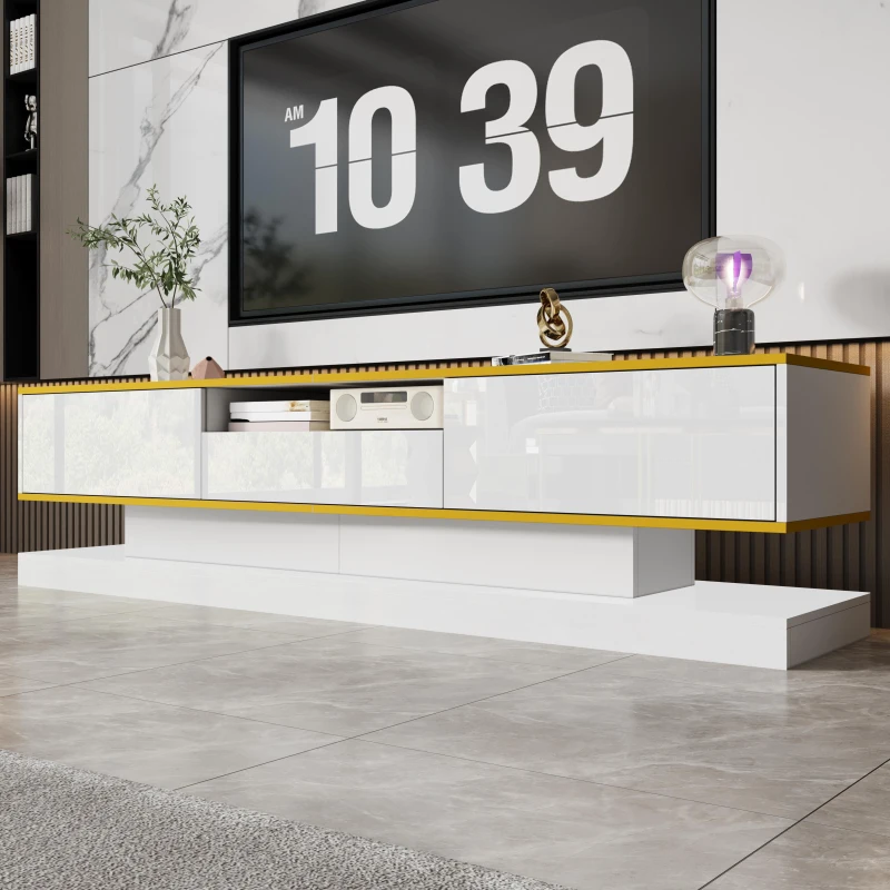 Modern LED TV Cabinet with High-Gloss Finish and Metallic Trim, Spacious Unit with Open Compartment, 180L x 38W x 45H cm, White