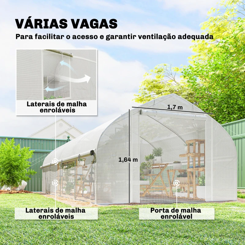 Outsunny Estufa Tipo Túnel 6x3x2 m com Anti-UV e Porta de Enrolar com Fecho de Correr Paredes Laterais com Rede Branco