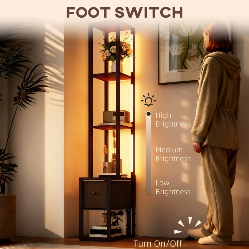 HOMCOM Floor Lamp with Shelves, LED Column Modern Standing Lamp with Fabric Drawer, Adjustable Brightness, Foot Switch for Living Room, Bedroom, Office, Dark Brown