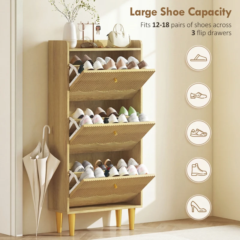 HOMCOM Narrow Shoe Cabinet, Modern Shoe Storage Cabinet with 3 Flip Drawers, Oak