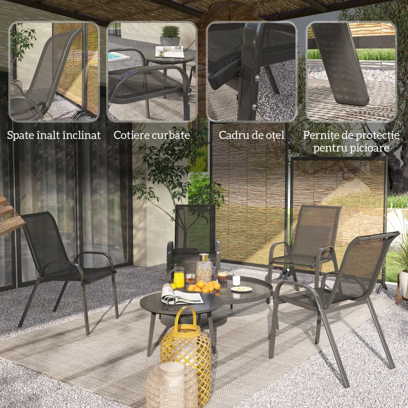 Outsunny Set 4 Scaune de Grădină Stivuibile din Oțel și Țesătură de Plasă Respirabilă, 54x71x93 cm, Negru