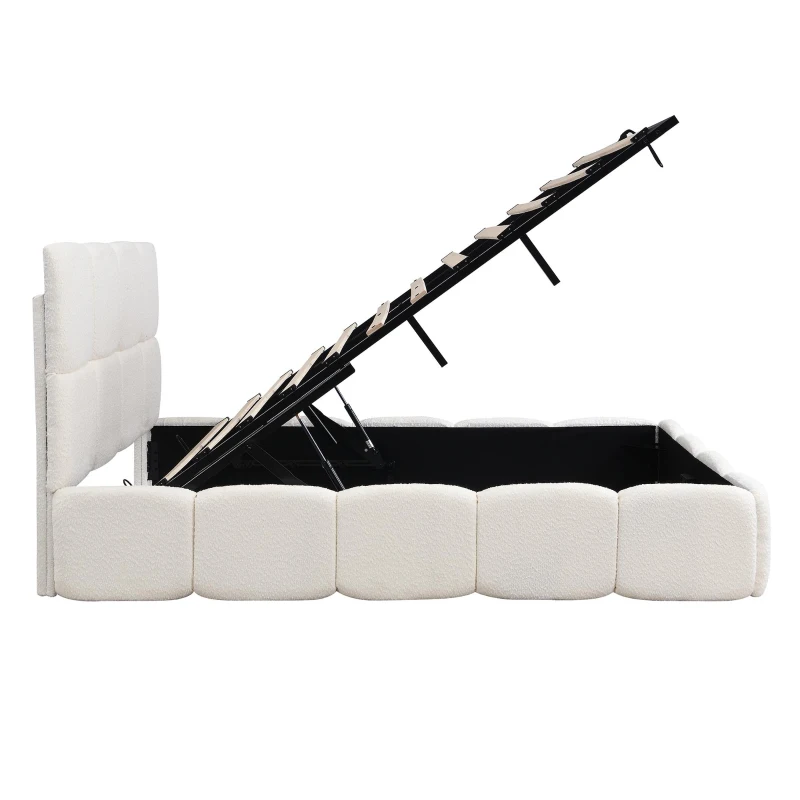 Plush Boucle Bed with Hydraulic Storage and Raised Headboard, Durable Frame with Slats, Self-Assembly, 204.5L x 142W x 100.5H cm, Beige