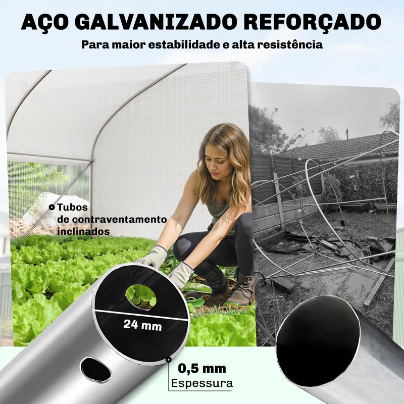 Outsunny Estufa Tipo Túnel 6x3x2 m com Anti-UV e Porta de Enrolar com Fecho de Correr Paredes Laterais com Rede Branco