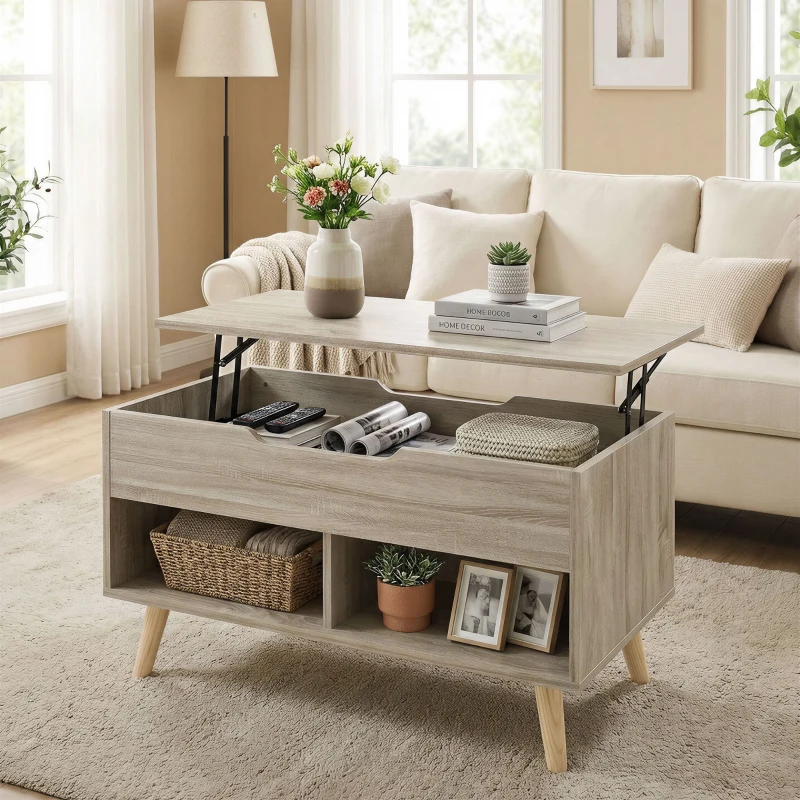 HOMCOM Masă de cafea rabatabilă, masă pentru living cu compartiment ascuns și rafturi deschise, 75 x 40 x 58 cm, lemn natural