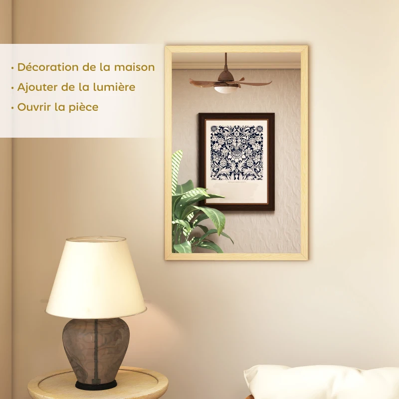 HOMCOM Miroir mural rectangulaire 60 x 40 cm, cadre en bois naturel, idéal pour la salle de bain, salon ou chambre