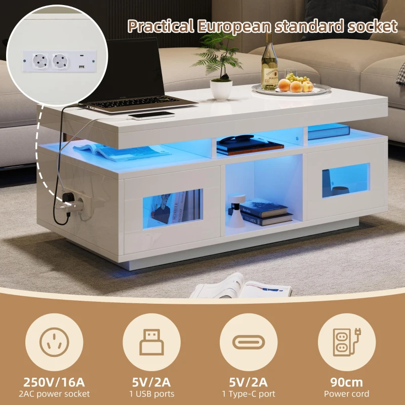 Modern Coffee Table with App-Controlled LED and USB Port, Space-Saving Unit with Acrylic Cabinets and Storage, 100L x 50W x 43H cm, White