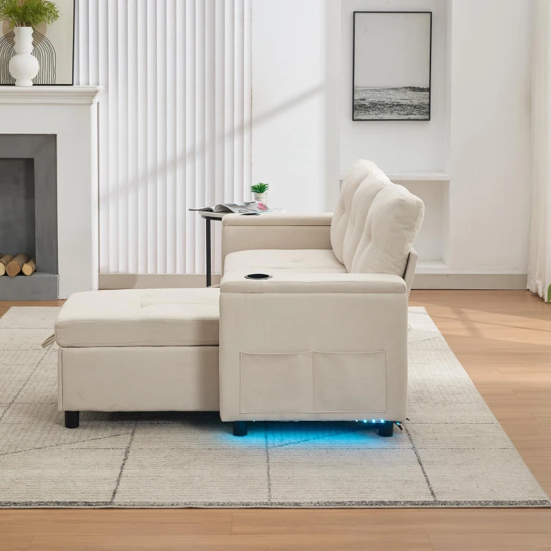 L-Shaped 3-Seater Sofa Bed with Hidden Storage, USB & USB-C Ports, Space-Saving Sofa for Compact Spaces, 208L x 146W x 89.5H cm, Beige