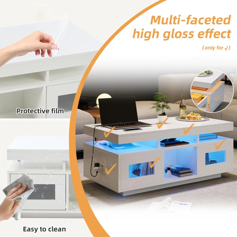 Modern Coffee Table with App-Controlled LED and USB Port, Space-Saving Unit with Acrylic Cabinets and Storage, 100L x 50W x 43H cm, White