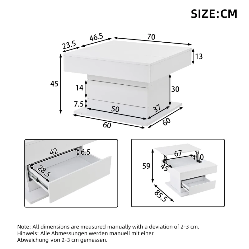 360° Rotating Coffee Table with Height-Adjustable Top and Hidden Storage, Modern Centre Table for Living Rooms, 70L x 70W x 45H cm, White