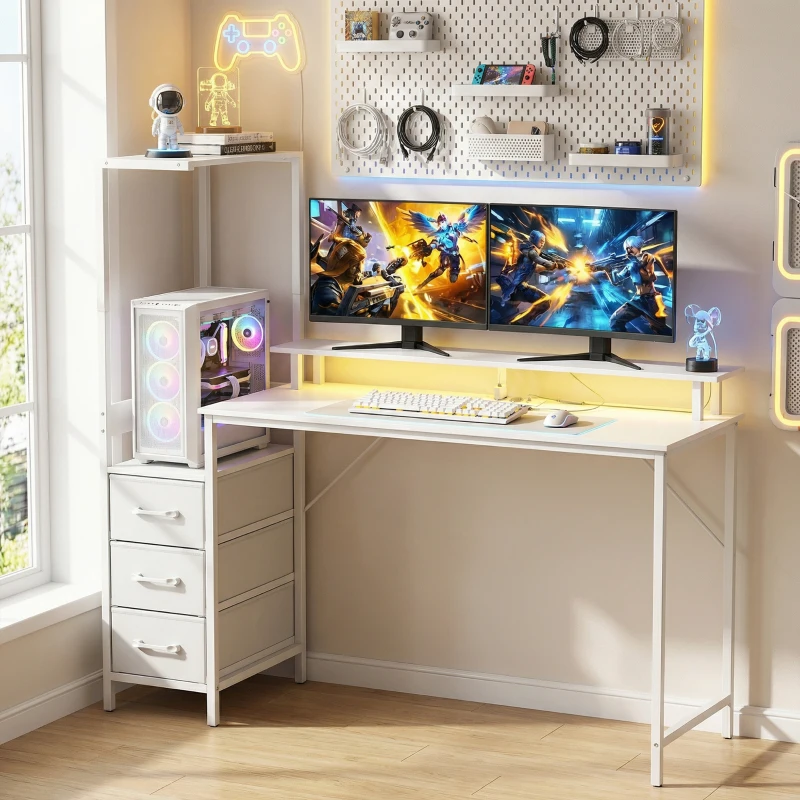 HOMCOM Gaming-Schreibtisch 147 cm, Computertisch mit verstellbarem und umkehrbarem CPU-Halter, RGB-Licht, Steckdosen, USB- und USB-C-Anschlüsse, Monitorhalter und 3 Stoffschubladen, Weiß