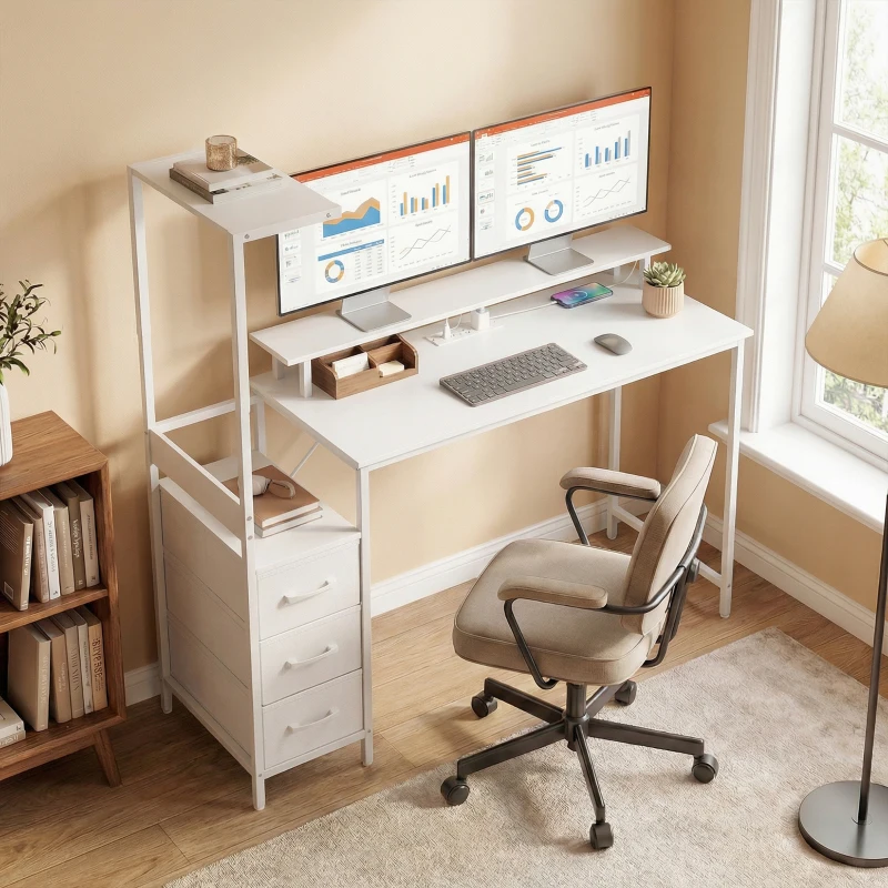 HOMCOM 147cm Gaming Desk with Charging Station and Monitor Stand, Computer Table for Home Office with RGB Lights, White