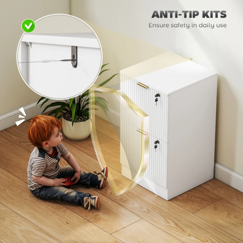HOMCOM Filing Cabinet, Fluted Vertical File Cabinet with 2 Lockable Drawers and Hanging Rails, White