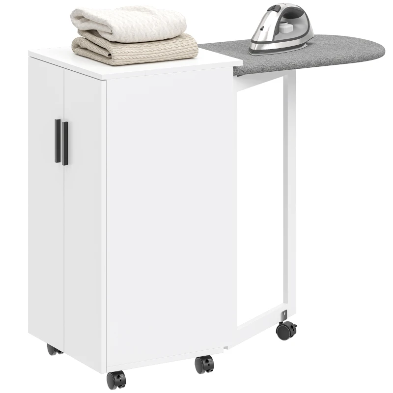 HOMCOM Armoire-table à repasser pliable 2-en-1 sur roulettes avec planche à repasser et étagère réglable pour petits espaces, Blanc