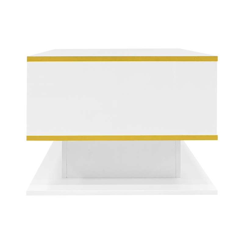 Modern LED Coffee Table with High-Gloss Finish and Gold Accents, Illuminated Unit with Drawers and Storage, 100L x 50W x 40H cm, White