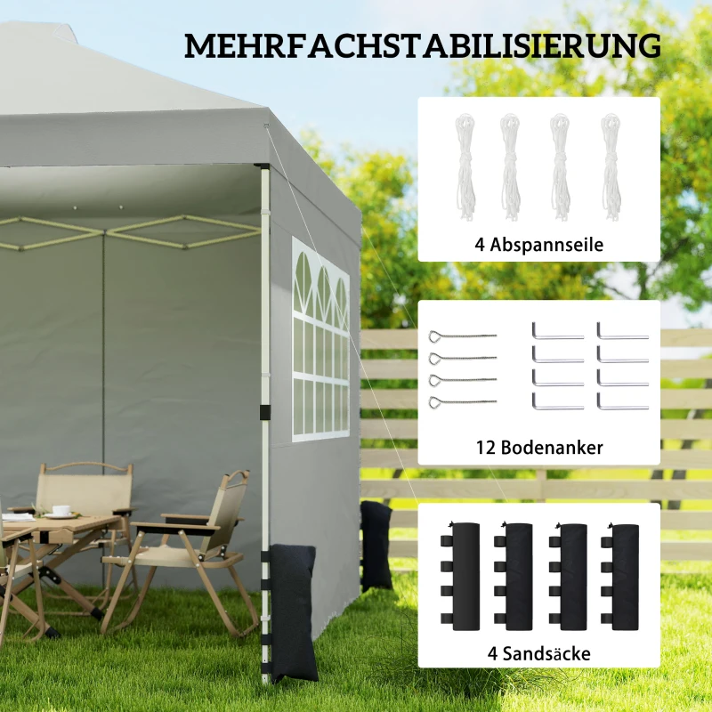 Outsunny Paviljoen 3x3 m waterdicht in hoogte verstelbaar pop-up vouwpaviljoen met 3 zijwanden ramen ventilatie, UV 50+ Lichtgrijs