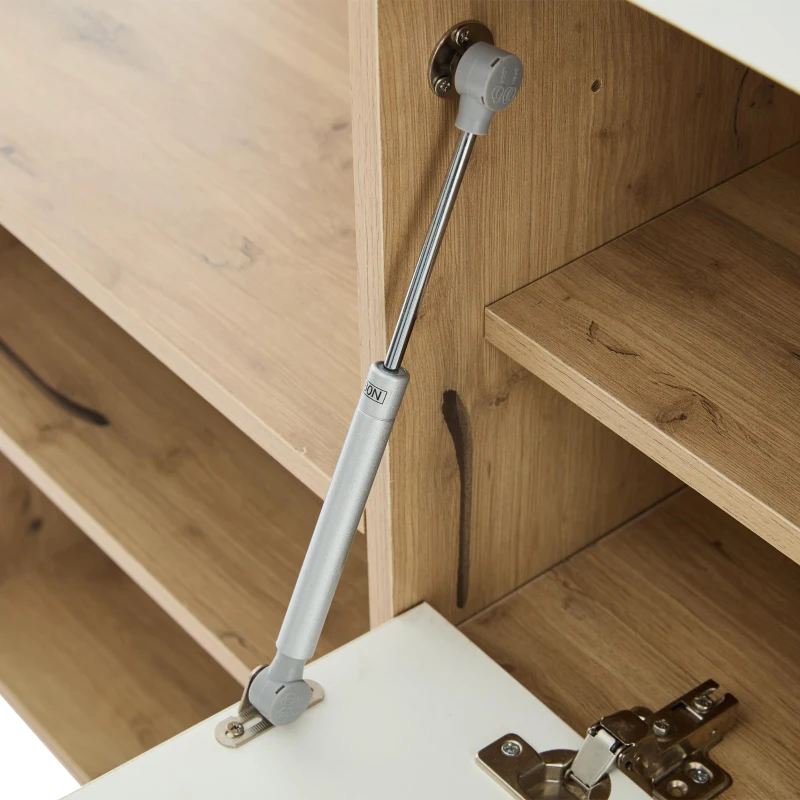 7-In-1 Coat Rack with 2 Shoe Compartments and Semi-open Shelves, High-gloss Cabinet with Mirror, 100L x 38.5W x 190H cm, White+Oak