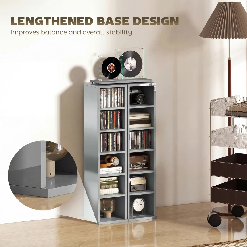 HOMCOM Set of 2 CD Media Display Shelf Unit Tower Rack with Adjustable Shelves, High Gloss Grey
