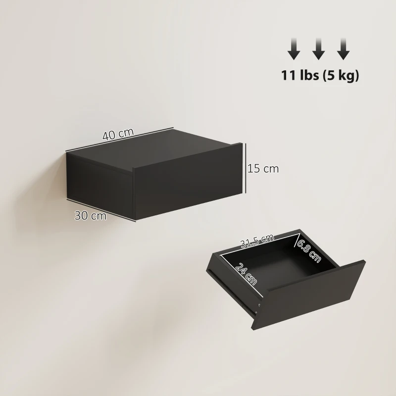 HOMCOM Set di 2 Comodini Sospesi Moderni con Cassetto in Legno, 40x30x15cm, Nero