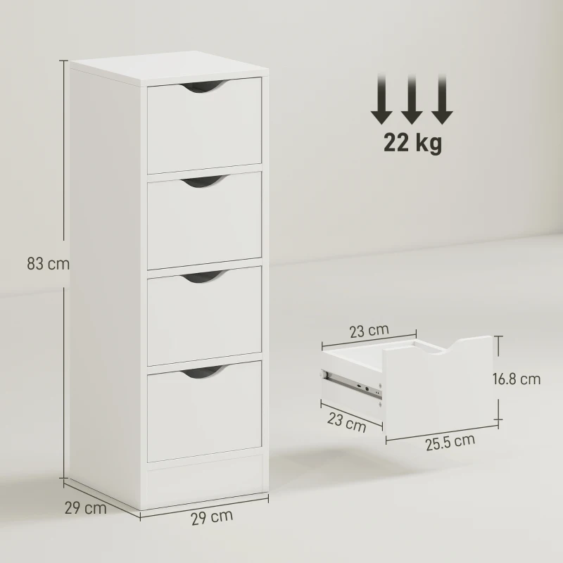 HOMCOM 4-Drawer Bathroom Cabinet, Freestanding Narrow Storage Cabinet with Groove Handles for Small Spaces, White
