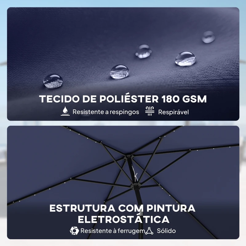 Outsunny Chapéu de Sol de Jardim com 24 Luzes LED Solares Cobertura Inclinável Poste Metálico 29x25 m Azul Escuro