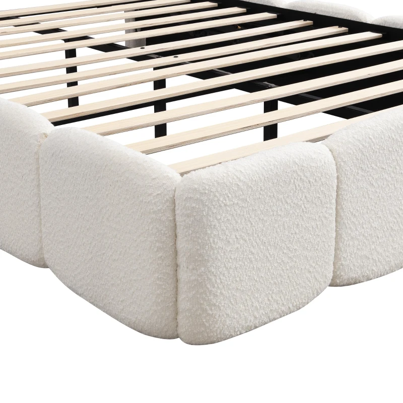 Plush Boucle Bed with Hydraulic Storage and Raised Headboard, Durable Frame with Slats, Self-Assembly, 204.5L x 142W x 100.5H cm, Beige