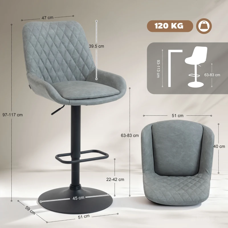 HOMCOM Set of Two Faux Leather Retro Bar Stools - Light Grey