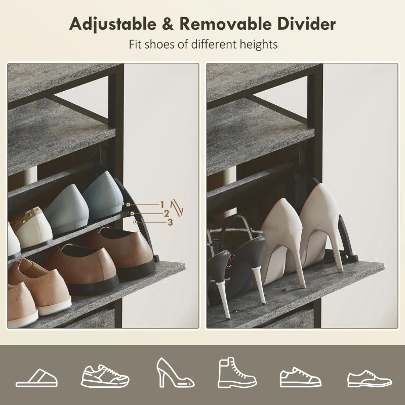 HOMCOM Shoe Storage Cabinet with 4 Flip Drawers and Open Shelf - Cement Grey