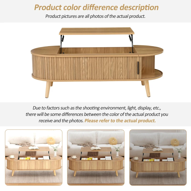 Lift-Up Oval Coffee Table with Hidden Storage and Height-Adjustable Top, Space-Saving Table for Living Areas, 120L x 50W x 39.5H cm, Wood