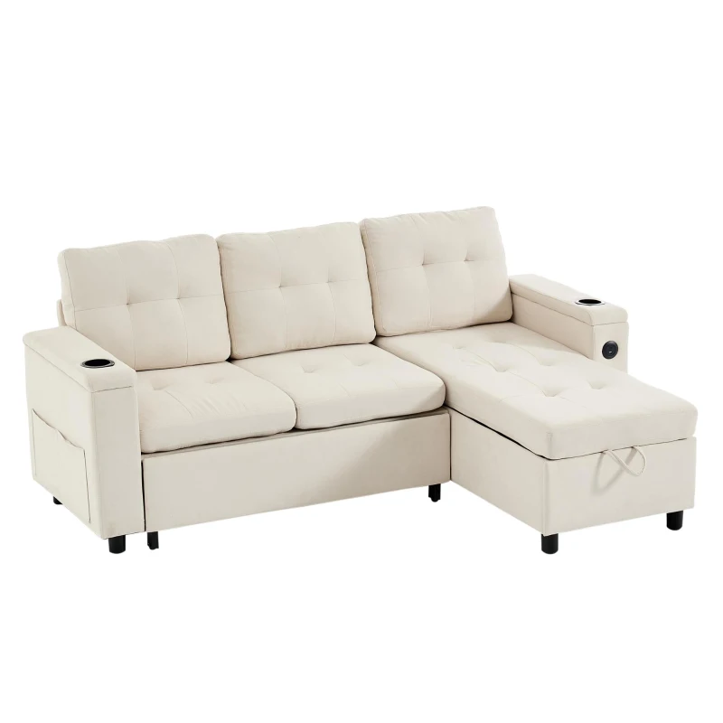 L-Shaped 3-Seater Sofa Bed with Hidden Storage, USB & USB-C Ports, Space-Saving Sofa for Compact Spaces, 208L x 146W x 89.5H cm, Beige