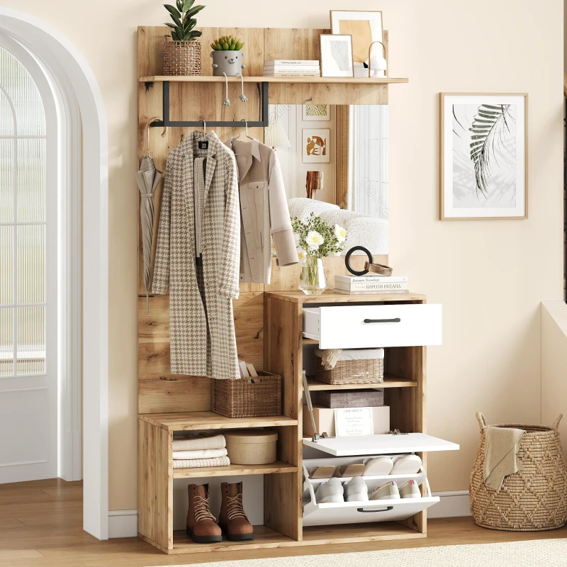 7-In-1 Coat Rack with 2 Shoe Compartments and Semi-open Shelves, High-gloss Cabinet with Mirror, 100L x 38.5W x 190H cm, White+Oak